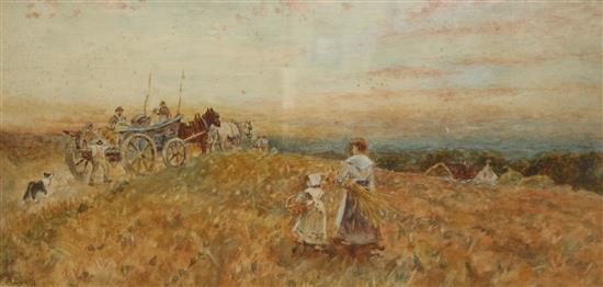 A.Booth, watercolour, Harvesters in a landscape, signed, 29 x 54cm.